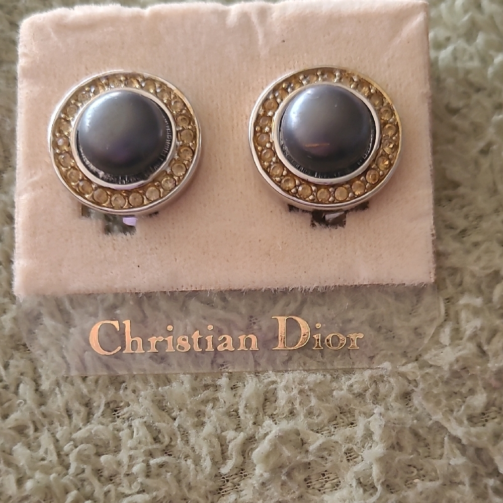 Dior Silver-Tone Gray Cabochon Crystal Clip Earrings